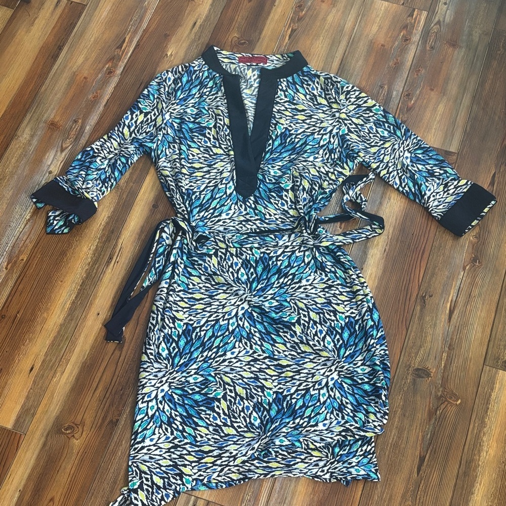 Melissa Masse Blue and Black Leaf Print Dress Sz Large